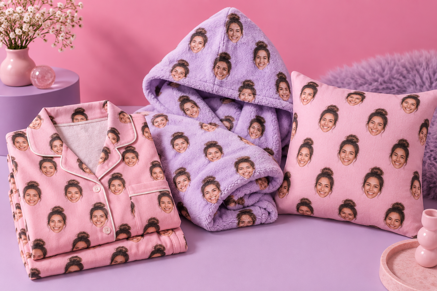 Concept styling of face-print pajamas, hooded blanket and pillow